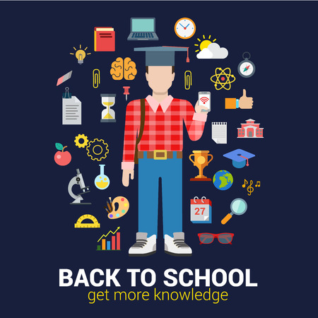 Flat style education infographics icon set concept collage. High school graduate student with smartphone and knowledge objects. Back to school collection.のイラスト素材