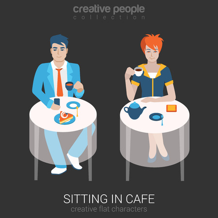 Flat people relax leisure lifestyle situation in cafe restaurant concept. Set of young beautiful man woman sitting table drinking tea coffee alone. Young creative human vector illustration collection.のイラスト素材