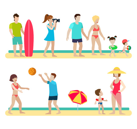 Flat style modern beach people family lifestyle icons situations web template infographic vector icon set. Photographer surfer couple children parenting volleyball umbrella. Men women lifestyle icons.のイラスト素材