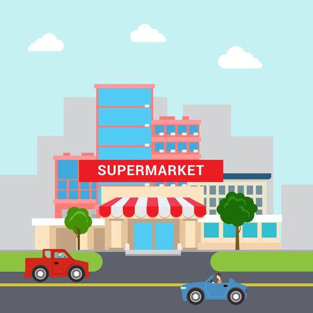Flat style funny cartoon supermarket mall building sale parking and transport street. Business marketing collection.のイラスト素材