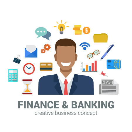 Flat style banking and finance concept. Happy smiling young black man financial bank credit card newspaper coin money savings office icon set around. Creative people business conceptual collection.のイラスト素材