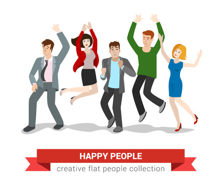 Happy smiling high jumping young people group. Flat style creative people collection.のイラスト素材