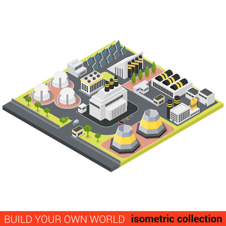 Flat 3d isometric power alternative green energy heat plant building block infographic concept. Sun battery module eco friendly station. Build your own infographics world collection.のイラスト素材
