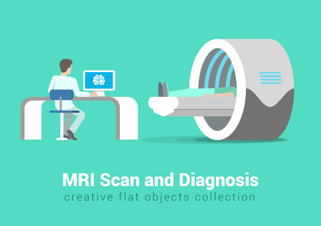 MRI scan and diagnostics process. Hospital patient and doctor in procedure room interior. Creative people healthy lifestyle collection.のイラスト素材