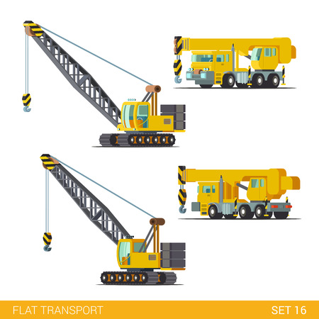 Flat isometric style modern construction site industrial building tracked vehicles transport web app icon set concept. Boom gib arm crane jib gibbet derrick. Build your own world collection.のイラスト素材