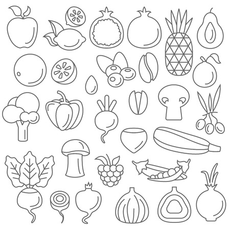 Line art flat graphical style fancy quality set of fruit and vegetable set hipster style. Apple lemon pomegranate pineapple avocado orange plum coffee bean mushroom lime melon corn peas beets celery sprouts. Line art collection.のイラスト素材