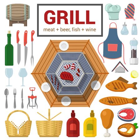 Flat style high detail quality icon set of grill meat fish barbecue BBQ steak object. Wine cutlery glass salt pepper ketchup mustard chicken leg corkscrew. Food beverage cooking outdoor collectionのイラスト素材