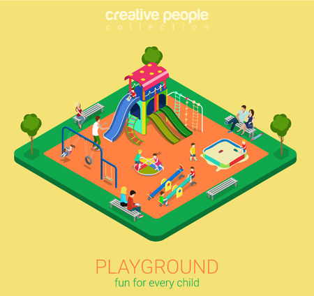 Children playground flat 3d isometric infographics concept. Sandpit swing slide rocker carousel rope ladder bench info graphics objects. Creative people collection.のイラスト素材