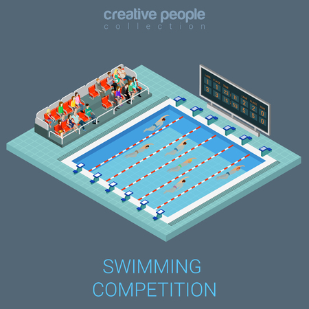 Swimming pool competition flat 3d isometric info graphics concept. Sportsmen swim line race indoor interior infographics. Creative people collection.のイラスト素材