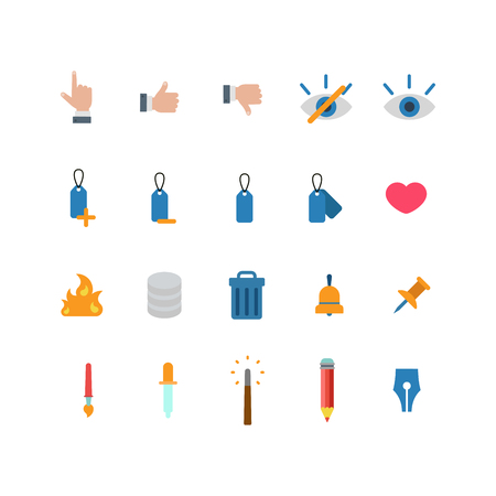 Flat style creative modern mobile web app concept icon set. Like dislike touch eye label heart like fire database trash can bell pin pipette brush magic wand pencil. Website icons collection.のイラスト素材