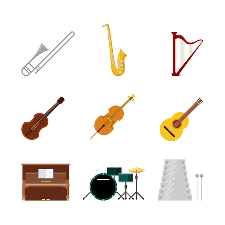 Flat style creative modern classic music band instruments web app concept icon set. Trombone saxophone harp sax guitar violin xylophone piano drum set cello. Website icons collection.のイラスト素材