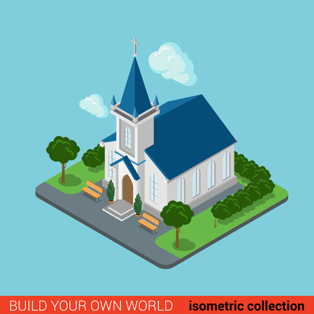 Flat 3d isometric creative modern Christian church building block info graphic concept. Build your own infographics world collection.のイラスト素材