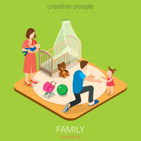 Family time parenting flat 3d isometric web infographic concept. Dad in child room with daughter and mom with son. Creative people family collection.のイラスト素材