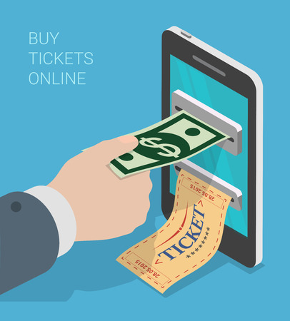 Flat 3d isometric mobile ticket buy process web infographics concept. Hand pushing dollar note into smartphone and ticket printing. Creative people collection.のイラスト素材