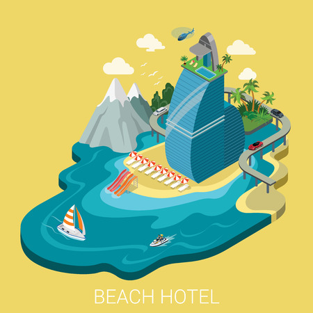 Flat 3d isometric creative beach hotel web infographics travel vacation concept. Luxury class five star resort island mountain road yacht water bike jetski. Creative people collection.のイラスト素材
