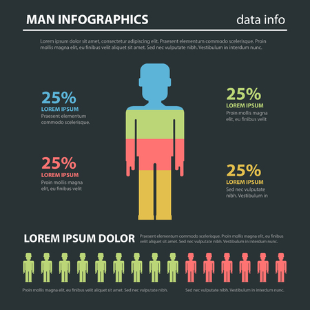 Marketing social focus group flat style abstract infographics concept template. Man icon shape percent diagram male data info graphic. Conceptual web site infographic collection.のイラスト素材