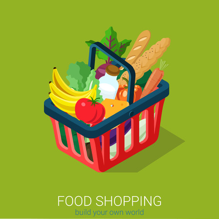 Flat 3d isometric food grocery shopping web infographics concept. Shopping cart full of vegetable fruit milk cheese baguette bread. Creative people collection.のイラスト素材