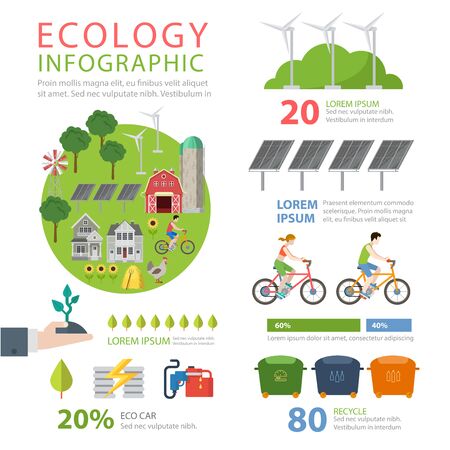 Ecology friendly flat style thematic infographics concept. Eco food farming agriculture green energy wind turbine sun battery cycling recycling info graphic. Conceptual web site infographic collectionのイラスト素材