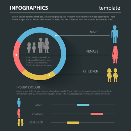 Gender family social flat style thematic infographics concept template. Male female children data info graphic. Conceptual web site infographic collection.のイラスト素材