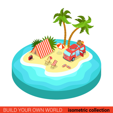 Flat 3d isometric hippie van outdoor tent lounge beach chair on tropic island modern info graphic concept. Build your own infographics world collection.のイラスト素材