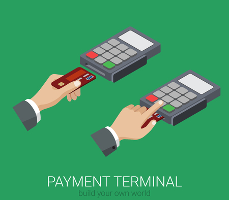 Flat 3d isometric credit card payment POS terminal PIN code usage web infographics concept. Creative people collection.のイラスト素材