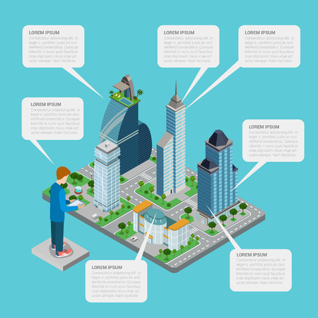 City estate realty building megalopolis flat style thematic infographics concept. Business office center mall shop call out label man tablet info graphic. Conceptual web site infographic collection.のイラスト素材