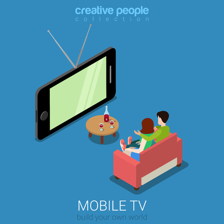 Flat 3d isometric mobile TV web infographics concept. Couple on sofa watching television on big smart phone screen. Creative people collection.のイラスト素材
