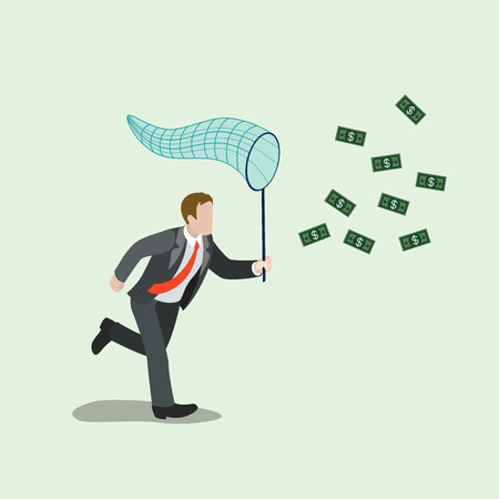 Flat 3d isometric money catching business concept web infographics vector illustration. Businessman running after flying dollars with scoop-net. Creative people collection.のイラスト素材