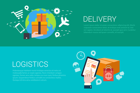 Flat style set of delivery logistics web infographics banners. Stylish internet store fast goods deliver and tablet hand touch parcel. Website info graphic collection.のイラスト素材