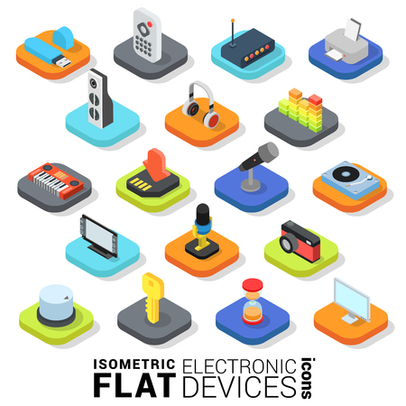 Flat 3d isometric trendy style electronic devices web mobile app infographics icon set. Website application collection.のイラスト素材