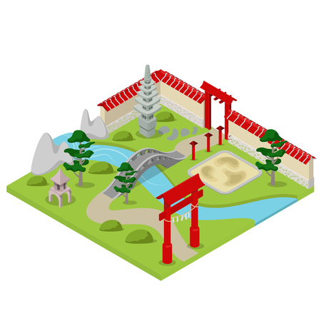 Flat 3d isometric Japanese garden city building block concept web infographics vector illustration. Bonsai stone river bridge gate.のイラスト素材