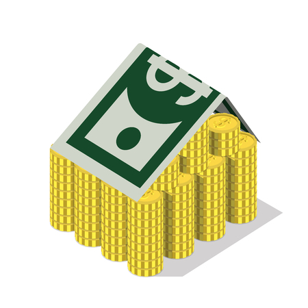 Flat 3d isometric bank building money concept web infographics vector illustration. Coin stacks and dollar banknote as roof banking finance financial conceptual website banner image.のイラスト素材