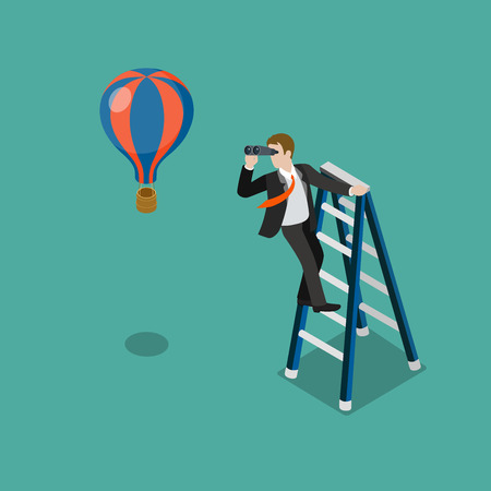 Flat 3d isometric future look forecast concept web infographics vector illustration. Businessman on stepladder looking through binoculars on balloon. Creative people collection.のイラスト素材