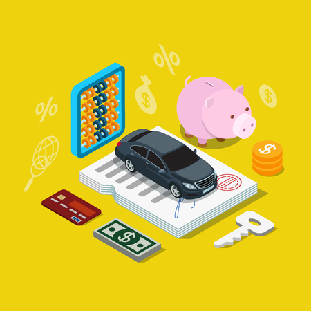 Flat 3d isometry isometric car credit loan financing plan icon concept web app infographics vector illustration. Car on contract certificate coin key dollar money credit card.のイラスト素材