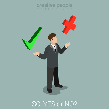 Flat 3d isometric style yes or no choice business concept web infographics vector illustration. Businessman check mark cross true false sign icons on palms. Creative people website conceptual collection.のイラスト素材