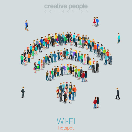 Flat 3d isometric style free public  hotspot concept web infographics vector illustration crowded square. Crowd group forming WiFi sign shape internet access point. Creative people collection.