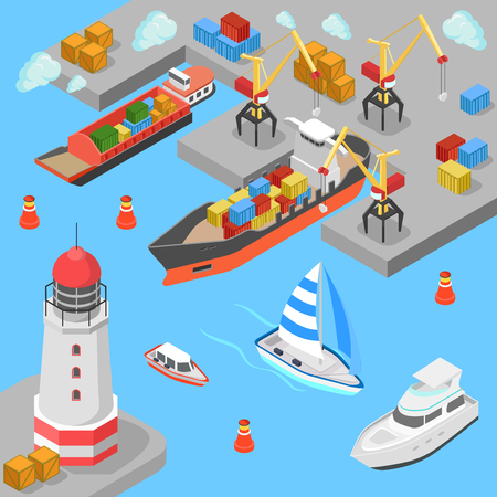 Flat 3d isometric nautical transport cargo shipping harbor dock port lighthouse boat yacht concept web infographics vector illustration. Container ship barge loading crane marine transportation.のイラスト素材