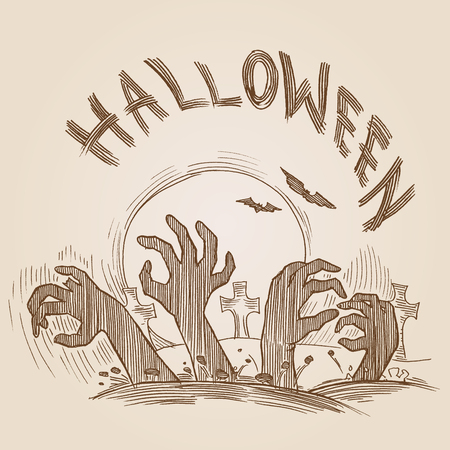 Halloween party engraving style hand drawn doodle template banner print web site set pen pencil crosshatch hatching paper painting retro vintage vector illustrationのイラスト素材