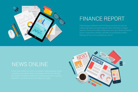 Flat style set of web infographics banners icon collage finance report news online. Tablet with stats data and smartphone newspapers. Website info graphic collection.のイラスト素材