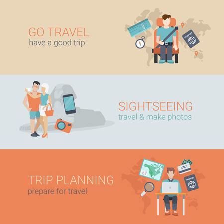 Flat style website slider banner go travel sightseeing trip planning concept web infographics. Template man airplane seat, couple selfie sphinx, table laptop tourist passport visa plan vector illustration.のイラスト素材