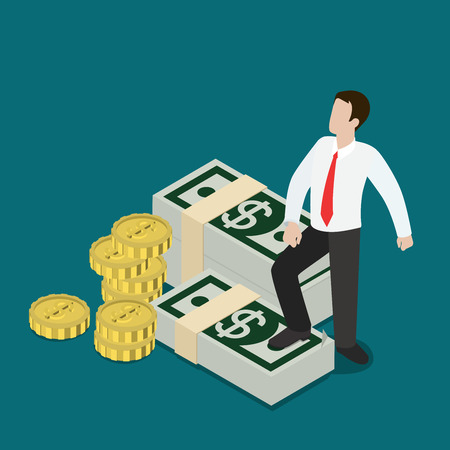 Flat 3d isometric business prosperity concept web infographics vector illustration. Micro businessman standing on dollar note packs coin stacks. Creative people collection.のイラスト素材