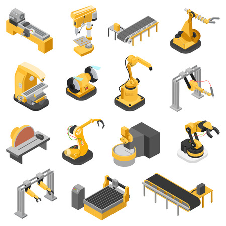 Flat 3d isometric heavy industry machinery icon set concept web infographics vector illustration. Woodworking power-saw ench jigsaw manipulator robot robotics robotized. Creative people collection.のイラスト素材