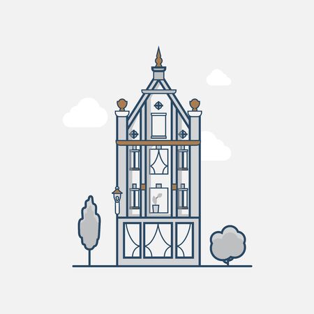 Gothic Vintage architecture building hotel. Linear stroke outline flat style vector icons. Color line art icon collection.のイラスト素材