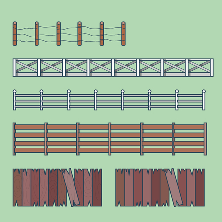 Farm countryside fence fencing element architecture building set. Linear stroke outline flat style vector icons. Color icon collection.のイラスト素材