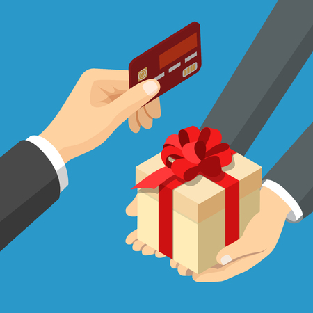 Card payment for gift concept. Flat 3d isometry isometric web vector illustration. Hand giving bank card and present box insteadのイラスト素材