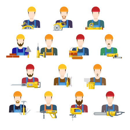 Building industry builders profession worker staff userpic avatar creative people icon set. Flat style carpenter painter decorator mason bricklayer stonemason builder laborer hunky tiler app icons.のイラスト素材