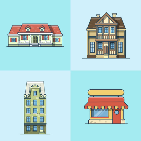 City town house cafe restaurant architecture building set. Linear stroke outline flat style vector icons. Multicolor line art icon collection.のイラスト素材
