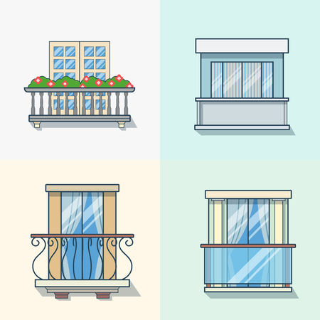 Balcony linear outline architecture building element set. Linear stroke outline flat style vector icons. Color icon collection.のイラスト素材