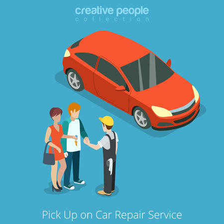 Pick up Car from repair vehicle service concept. Serviceman giving key to customer owner. Flat 3d isometry isometric style web site app icon set concept vector illustration. Creative people collectionのイラスト素材