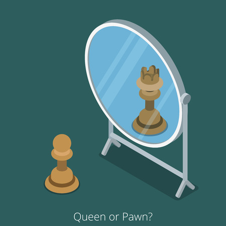 Queen or Pawn concept. Pawn chess figure look into mirror see queen. Flat 3d isometry isometric style web site app icon set concept vector illustration. Creative people collection.のイラスト素材